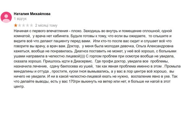 Отзыв о работе ЛОР центра Милор